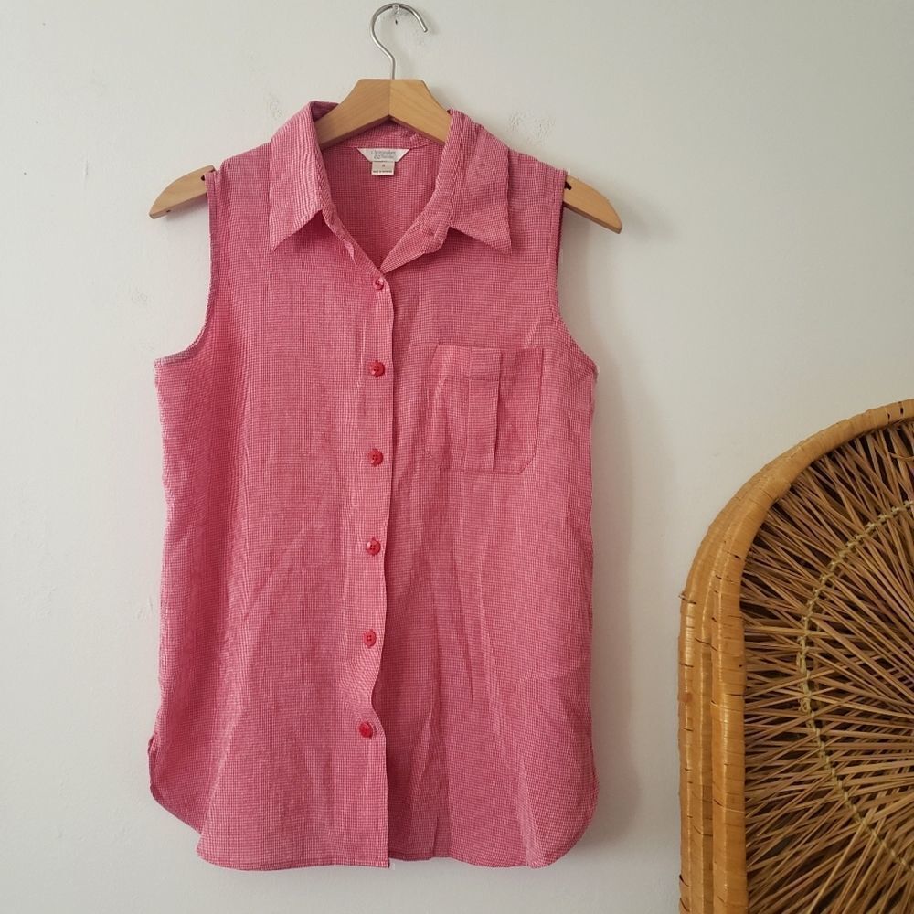 Sleeveless Red Gingham Button Down Shirt Christopher & Banks S
